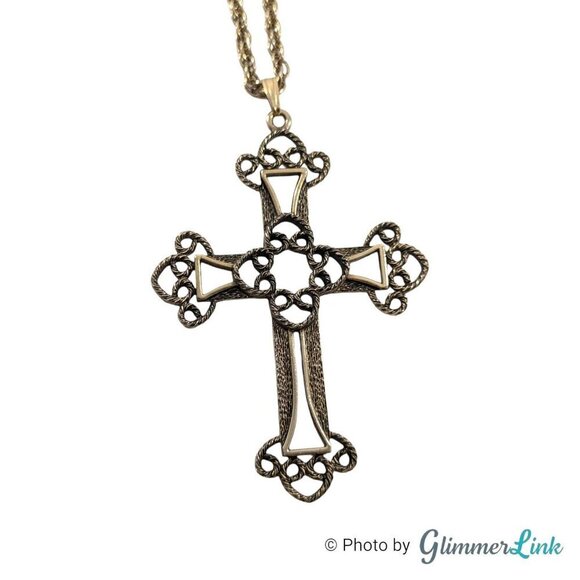Vintage Sarah Cov Limited Edition Victorian Cross Filigree Gold Tone Necklace - Picture 5 of 11
